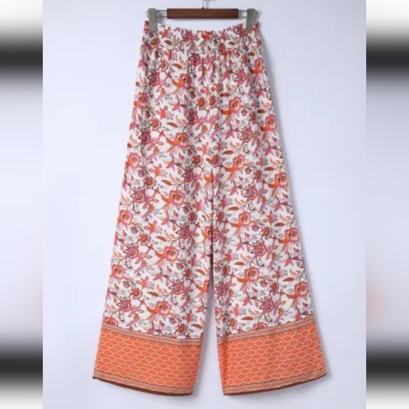 Red Floral Print Shirred High Waist Wide Leg Pants! - Picture 5 of 7